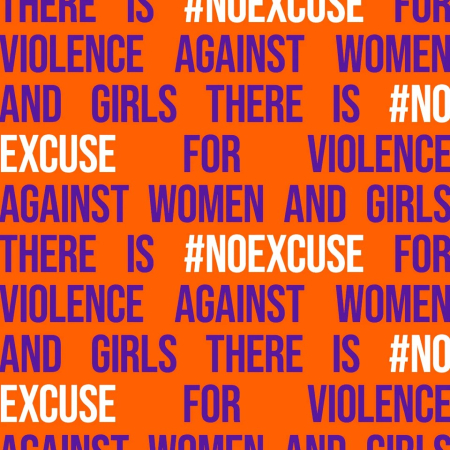 Slika preuzeta sa stranice UN Women. Pozadina slike je narandžasta, a po cijeloj slici velikim štampanim slovima piše: THERE IS #NOEXCUSE FOR VIOLENCE AGAINST WOMEN