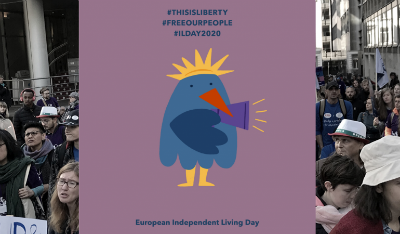 Slika European Network on Independent Living - ENIL povodom obilježavanja Evropskog dan samostalnog života - 5. maja, povodom kojeg je partnerska organizacija IC Lotos iz Tuzle objavila saopštenje za javnost. Na slici su ljudi tokom protesta za samostalan život a u sredinu je umetnuta animirana slika plave ptice koja ima žutu krunu i žute noge i narandžasti kljun koja u desnom krilu nosi megafon. Iznad ptice stoji slijedeće #THISISLIBERTY #FREEOURPEOPLE #ILDAY2020 Ispod ptice stoji: European Independente Living Day 