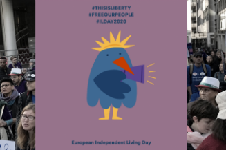 Slika European Network on Independent Living - ENIL povodom obilježavanja Evropskog dan samostalnog života - 5. maja, povodom kojeg je partnerska organizacija IC Lotos iz Tuzle objavila saopštenje za javnost.
Na slici su ljudi tokom protesta za samostalan život a u sredinu je umetnuta animirana slika plave ptice koja ima žutu krunu i žute noge i narandžasti kljun koja u desnom krilu nosi megafon. Iznad ptice stoji slijedeće
#THISISLIBERTY
#FREEOURPEOPLE
#ILDAY2020
Ispod ptice stoji:
European Independente Living Day