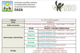 Slika. Partnerska organizacija Udruženje Oaza objavilo poziv za prijavu na destet “Sportske igre Oaze” SIO 2020, i raspored takmičenja. Sportske igre oaze se ove godine realizuju 01. i 02. oktobra u Sarajevu. prijavu na destet “Sportske igre Oaze” SIO 2020, i raspored takmičenja. Sportske igre oaze se ove godine realizuju 01. i 02. oktobra u Sarajevu. Na slici je tabela sa pozivom i rasporedom takmicenja i kontaktima za prijau na SIO 2020.