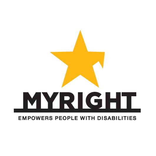 Slika na kojoj je MyRight logo, oker-žuta zvijezda sa oborenim desnim krakom, ispod velikm slovima piše MYRIGHT EMPOWERS PEOPLE WITH DISABILITIES