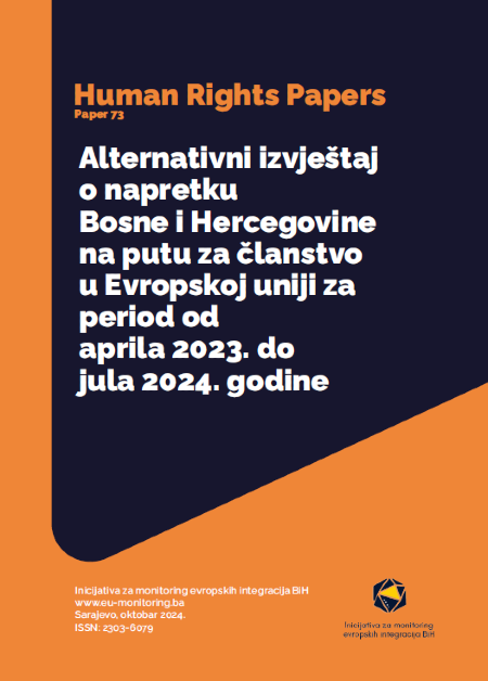 Slika prednje stranice Alternativnog izvještaja o napretku Bosne i Hercegovine na putu za članstvo u Evropskoj uniji za period od aprila 2023. do jula 2024. godine. Na njoj je naslov izvještaja, logo i kontakti Inicijative za monitoring evropskih integracija BiH